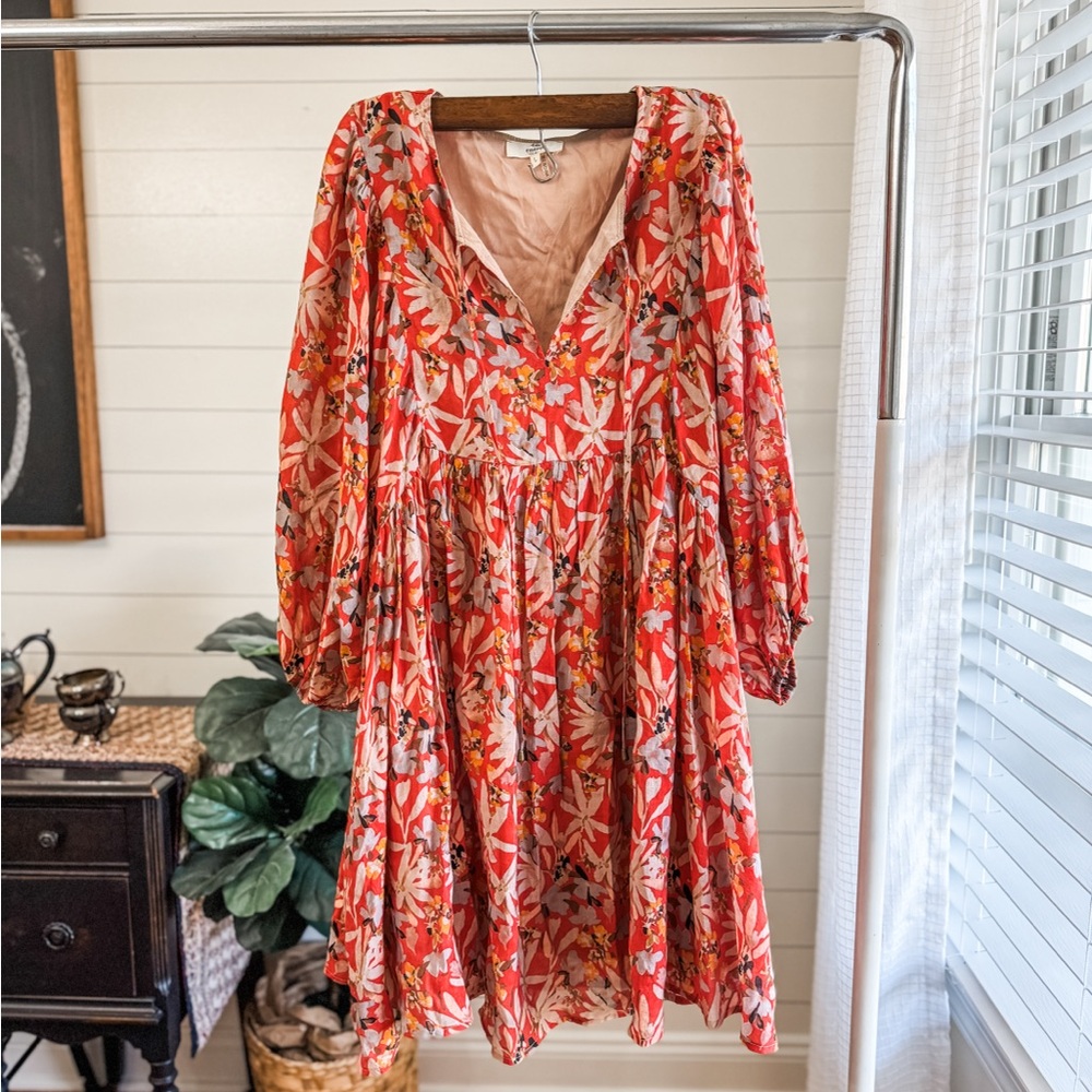 Entro Vibrant Red Floral Long Sleeve Dress